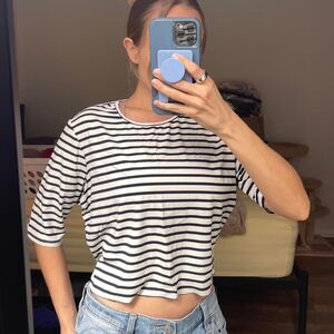 Lands' End white + navy striped top Size L.